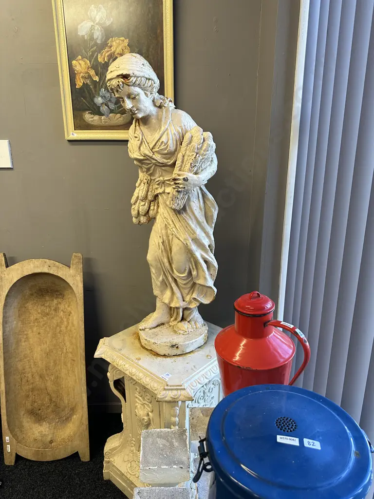 Cast Iron Garden Statue - Classical Man & Barley Sheaves On Plinth, Antique Cream Finish, 100cm on 67 x 52cm Plinth Image 1++