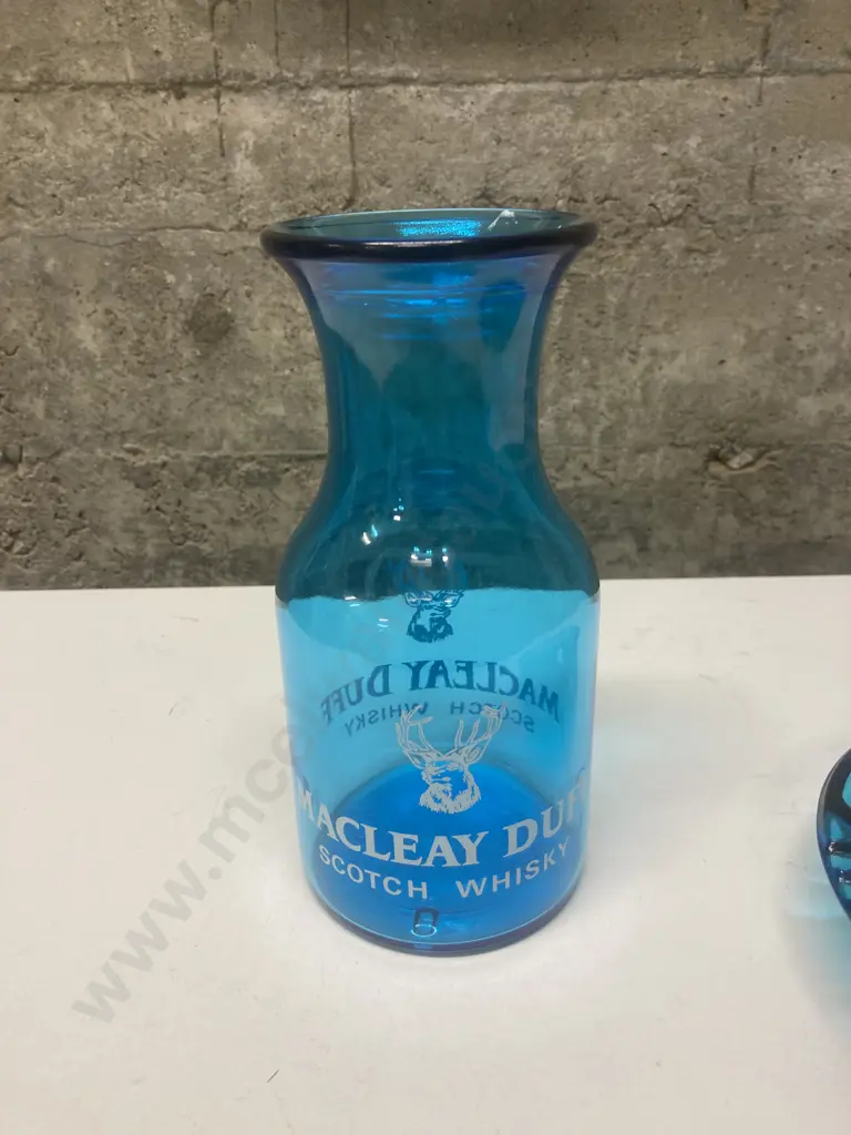 Vintage Rare Collectable MacLeay Duff Scotch Whiskey Pressed Blue Glass Ashtray & Blue Glass Water Carafe Image 1++