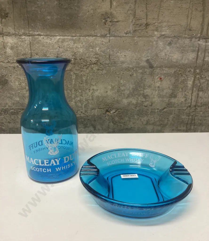 Vintage Rare Collectable MacLeay Duff Scotch Whiskey Pressed Blue Glass Ashtray & Blue Glass Water Carafe Image 1++