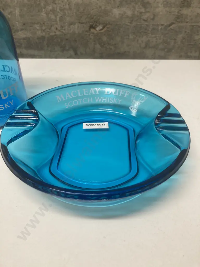 Vintage Rare Collectable MacLeay Duff Scotch Whiskey Pressed Blue Glass Ashtray & Blue Glass Water Carafe Image 1++