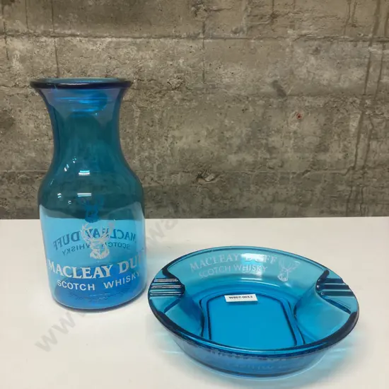 Vintage Rare Collectable MacLeay Duff Scotch Whiskey Pressed Blue Glass Ashtray & Blue Glass Water Carafe