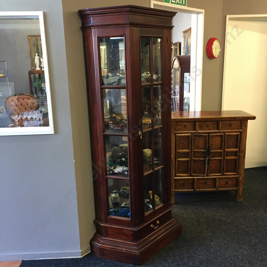 Mahogany Canted Side Display Cabinet, Glass Door, 4 Shelves, Mirror Back, Brass Handles, Drawer In Base, H191 W77 D38cm Image 1++