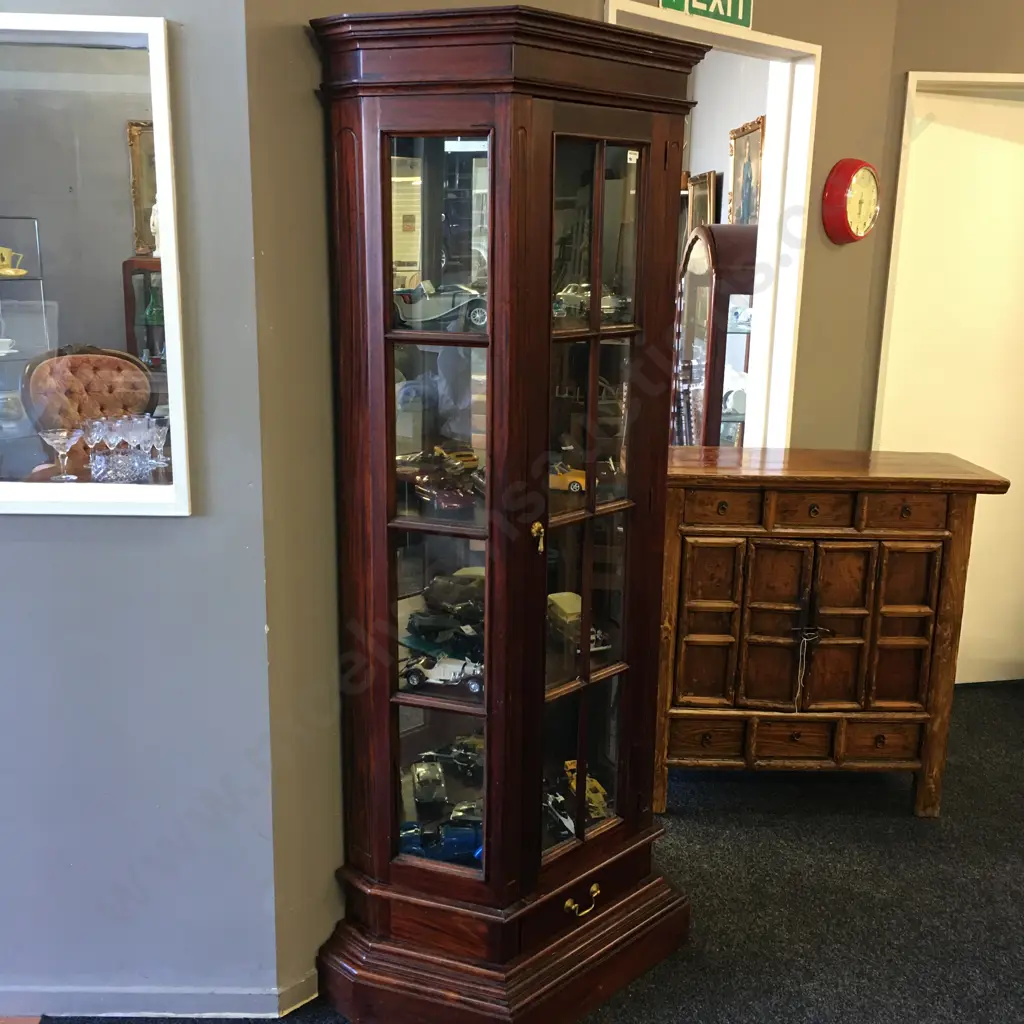 Mahogany Canted Side Display Cabinet, Glass Door, 4 Shelves, Mirror Back, Brass Handles, Drawer In Base, H191 W77 D38cm Image 1++