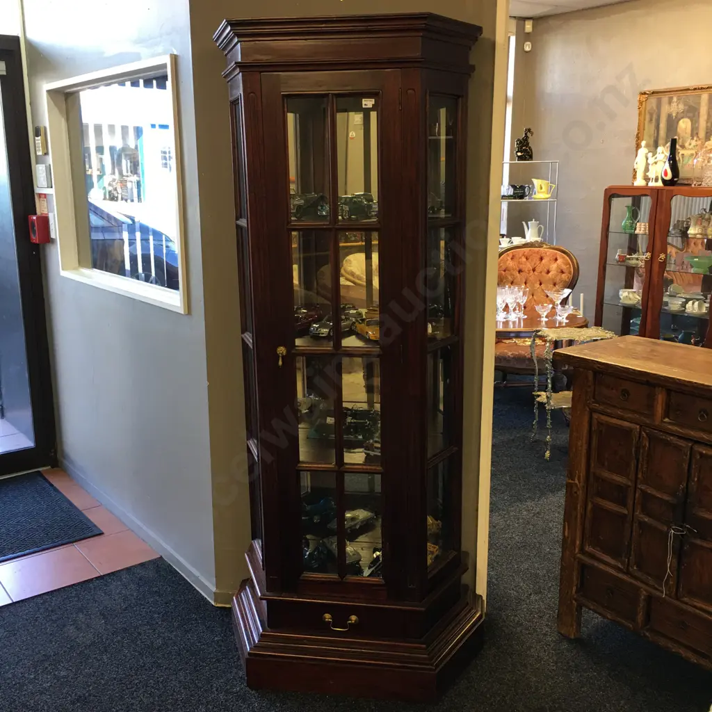 Mahogany Canted Side Display Cabinet, Glass Door, 4 Shelves, Mirror Back, Brass Handles, Drawer In Base, H191 W77 D38cm Image 1++