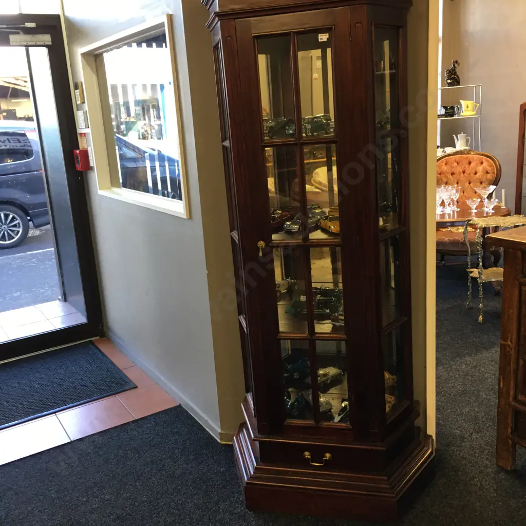 Mahogany Canted Side Display Cabinet, Glass Door, 4 Shelves, Mirror Back, Brass Handles, Drawer In Base, H191 W77 D38cm Image 1++