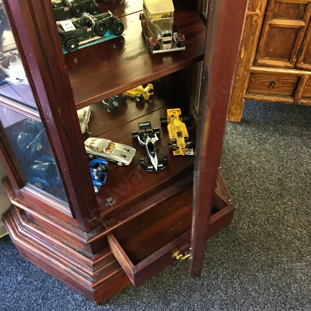 Mahogany Canted Side Display Cabinet, Glass Door, 4 Shelves, Mirror Back, Brass Handles, Drawer In Base, H191 W77 D38cm Image 1++