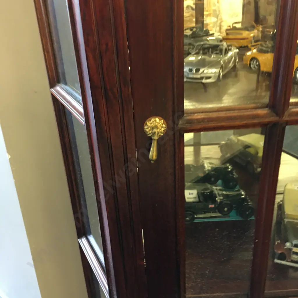Mahogany Canted Side Display Cabinet, Glass Door, 4 Shelves, Mirror Back, Brass Handles, Drawer In Base, H191 W77 D38cm Image 1++