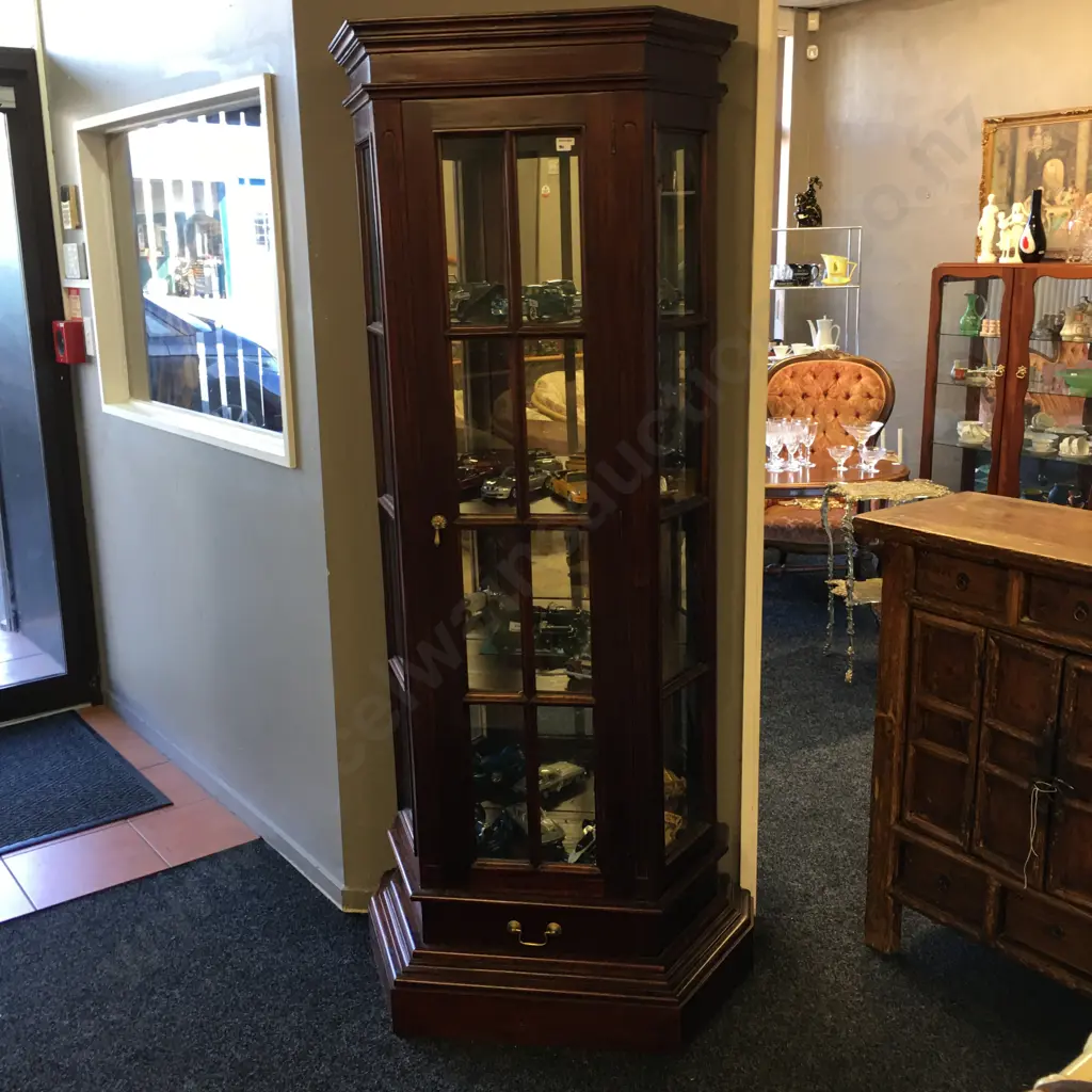 Mahogany Canted Side Display Cabinet, Glass Door, 4 Shelves, Mirror Back, Brass Handles, Drawer In Base, H191 W77 D38cm Image 1++