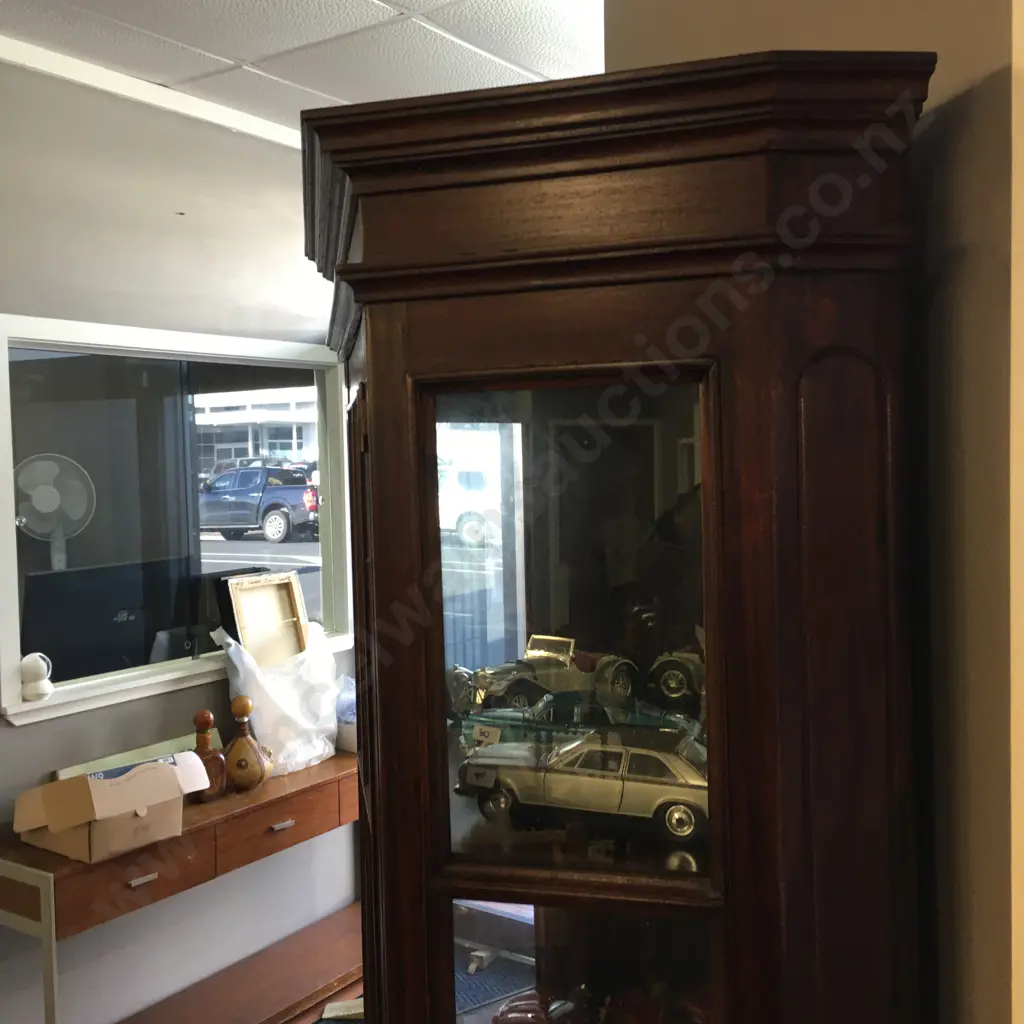 Mahogany Canted Side Display Cabinet, Glass Door, 4 Shelves, Mirror Back, Brass Handles, Drawer In Base, H191 W77 D38cm Image 1++