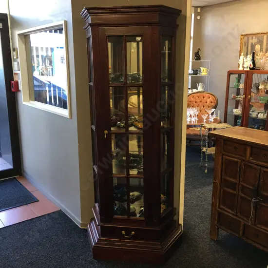 Mahogany Canted Side Display Cabinet, Glass Door, 4 Shelves, Mirror Back, Brass Handles, Drawer In Base, H191 W77 D38cm