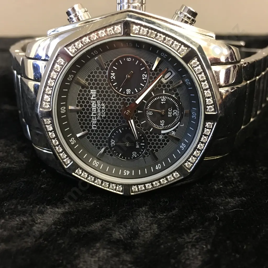 Micheal Hill Men's Solar Chronograph with 1/2 Carat TW of Diamonds in Stainless Steel Image 1++