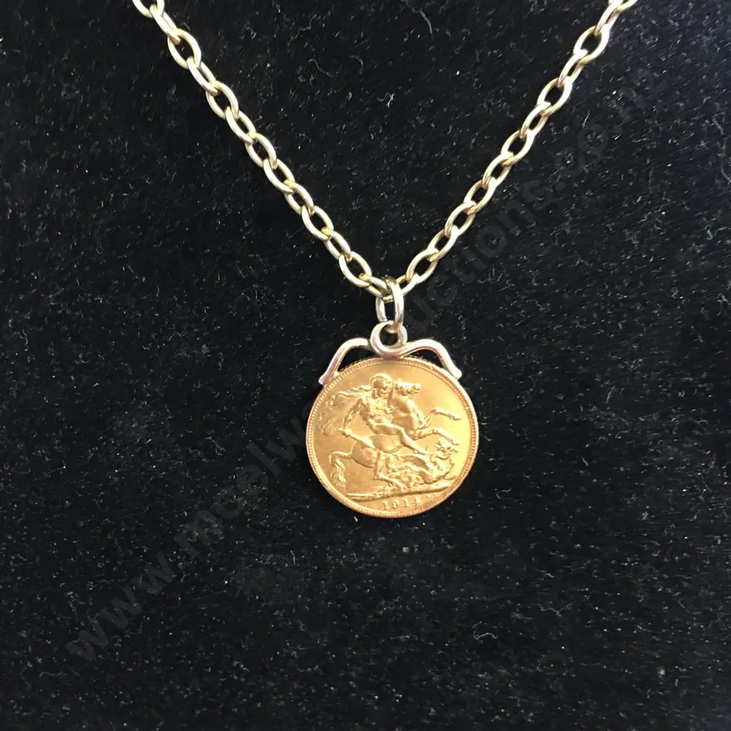 1914 Gold Sovereign George V, 22 Carat Gold, On Chain With Damaged Clasp Image 1++