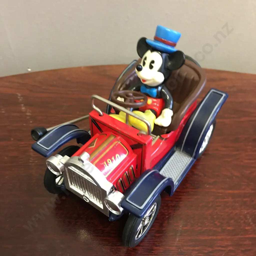 Vintage Walt Disney Productions Mickey Mouse Lever Toy Tinplate Car, Masudaya Corp Japan, 1982 Image 1++