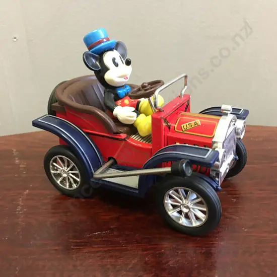 Vintage Walt Disney Productions Mickey Mouse Lever Toy Tinplate Car, Masudaya Corp Japan, 1982