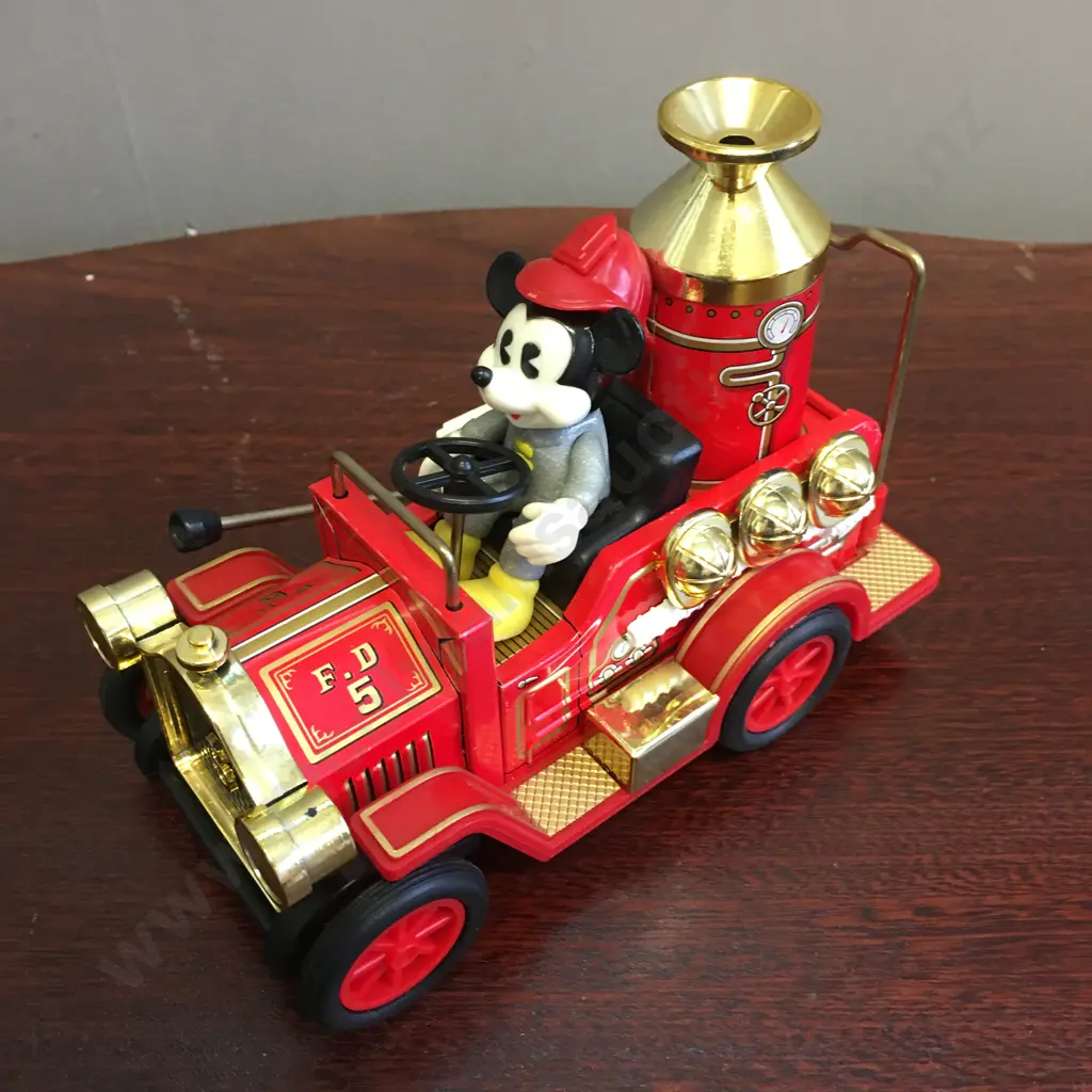Vintage Walt Disney Productions Mickey Mouse Lever Toy Tinplate Fire Engine, Masudaya Corp Japan, 1984 Image 1++