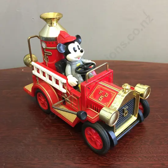 Vintage Walt Disney Productions Mickey Mouse Lever Toy Tinplate Fire Engine, Masudaya Corp Japan, 1984