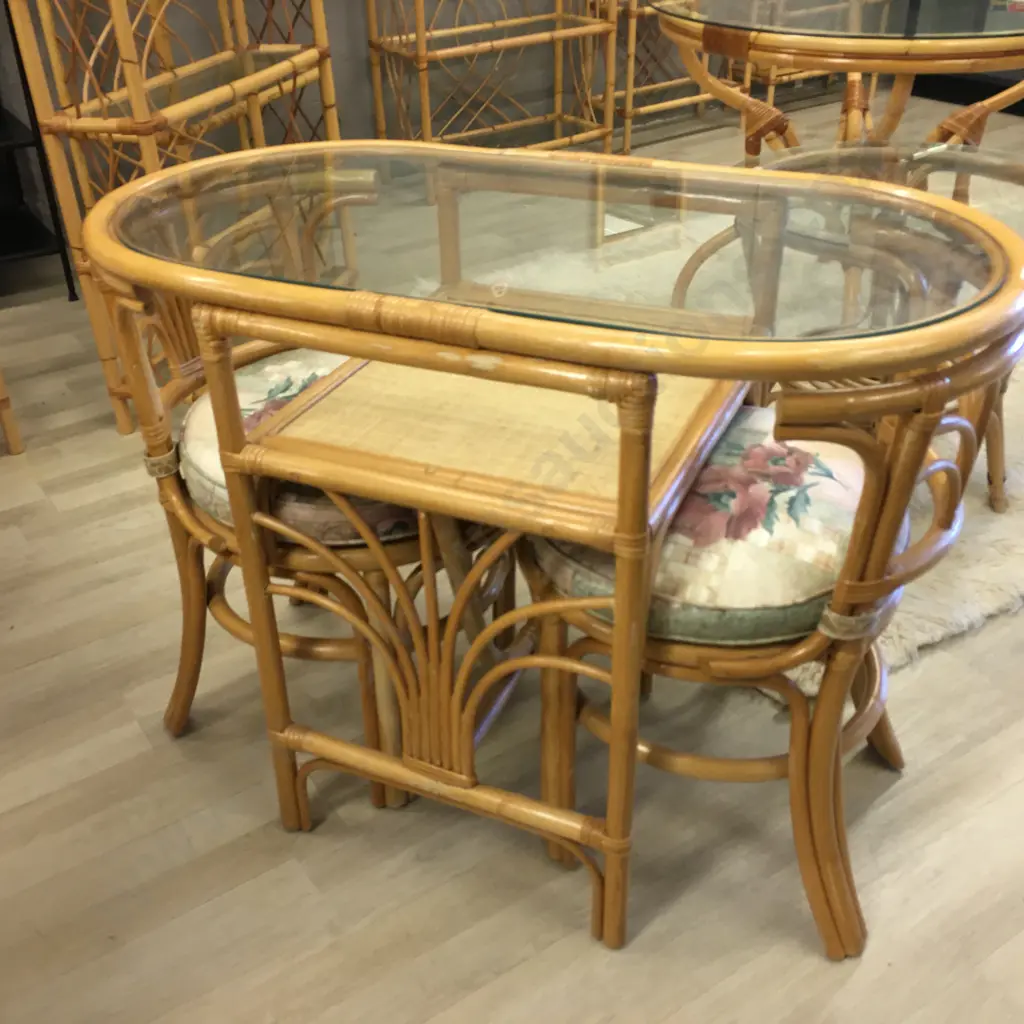 Vintage Rattan & Cane Dinette Set, Oval Glass Top Table With 2 Hideaway Chairs Image 1++