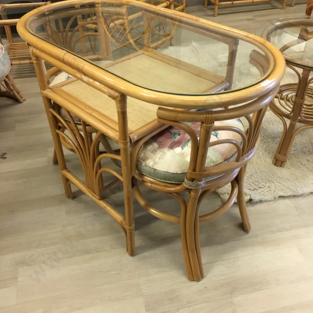 Vintage Rattan & Cane Dinette Set, Oval Glass Top Table With 2 Hideaway Chairs Image 1++