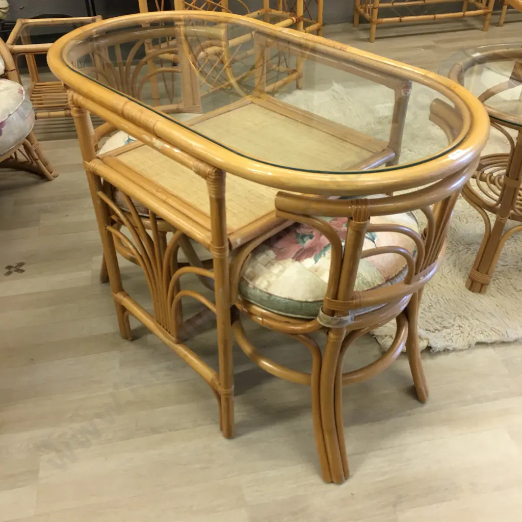 Vintage Rattan & Cane Dinette Set, Oval Glass Top Table With 2 Hideaway Chairs Image 1++