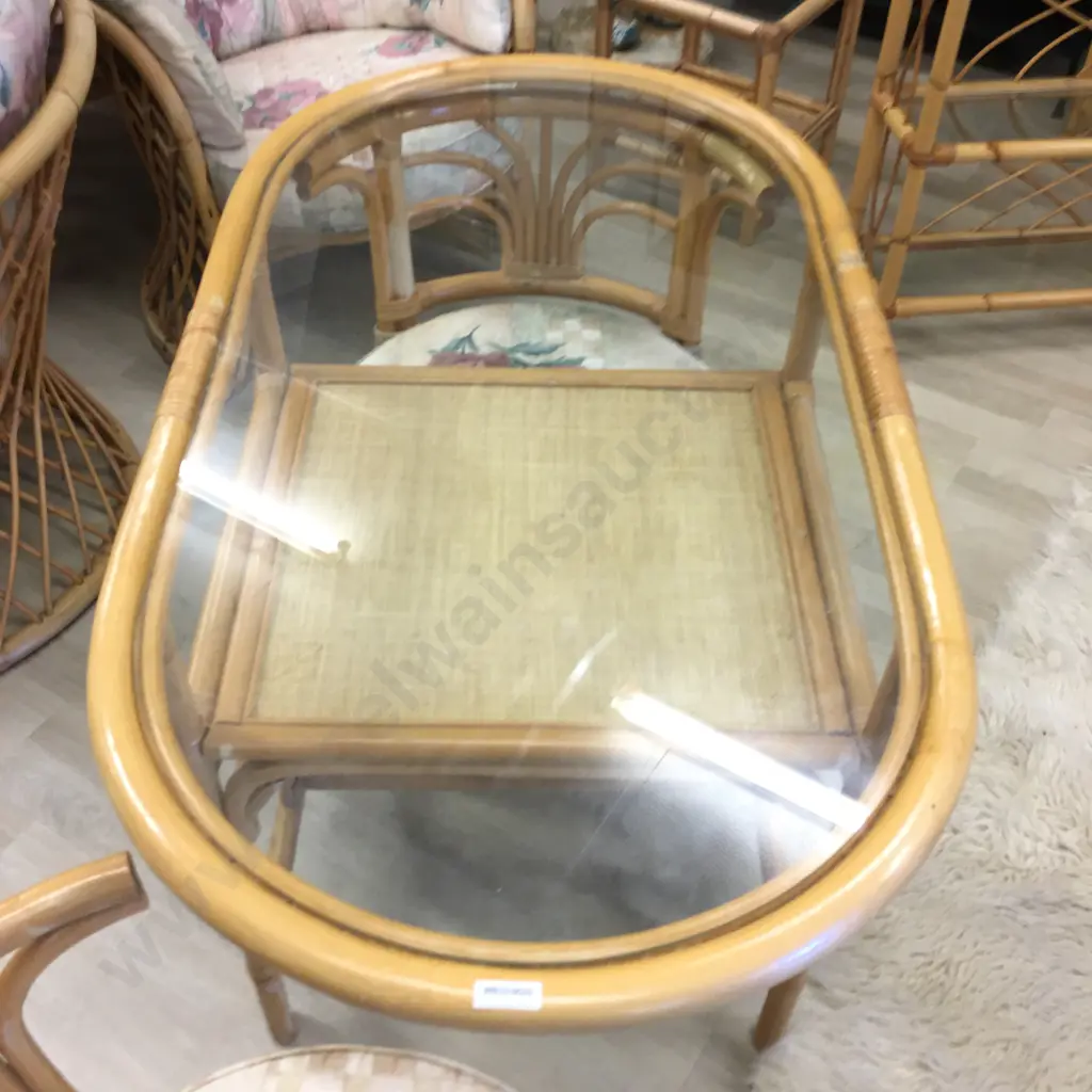 Vintage Rattan & Cane Dinette Set, Oval Glass Top Table With 2 Hideaway Chairs Image 1++