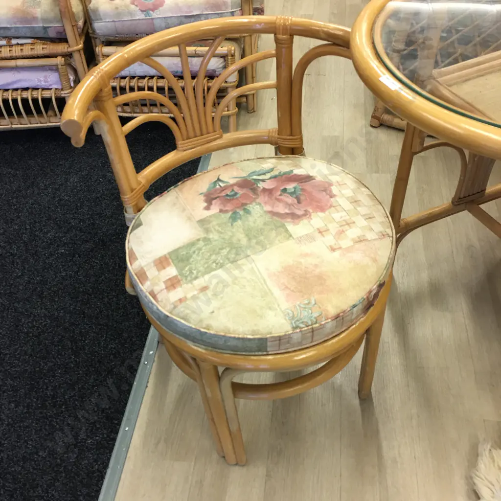 Vintage Rattan & Cane Dinette Set, Oval Glass Top Table With 2 Hideaway Chairs Image 1++