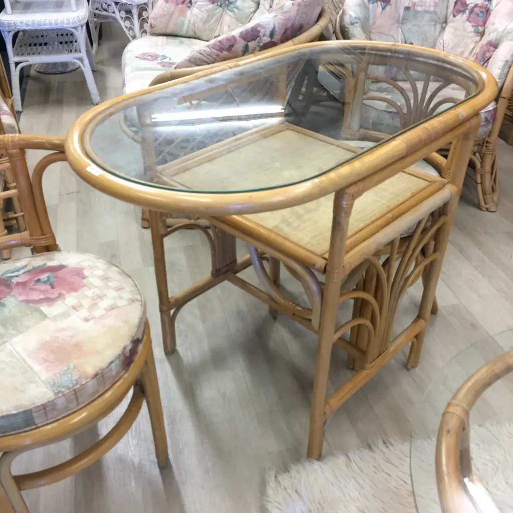 Vintage Rattan & Cane Dinette Set, Oval Glass Top Table With 2 Hideaway Chairs Image 1++
