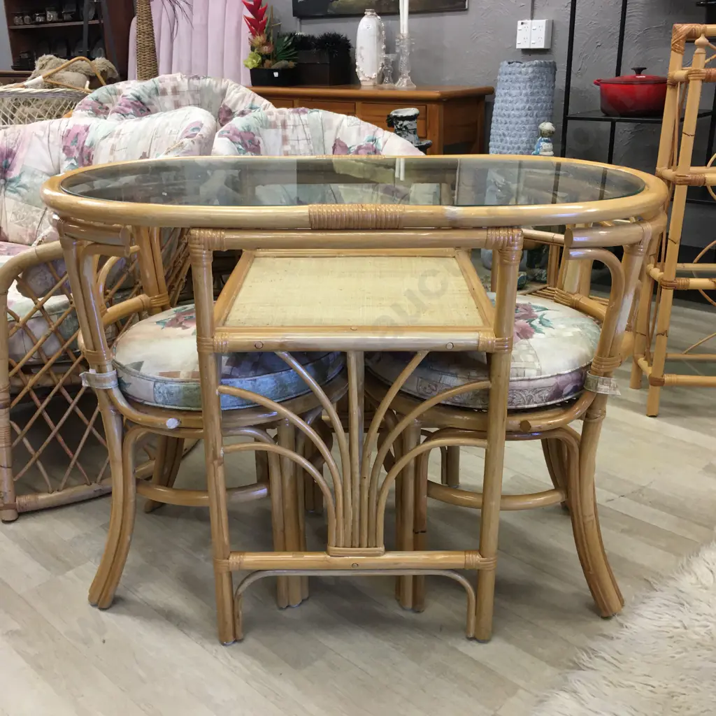 Vintage Rattan & Cane Dinette Set, Oval Glass Top Table With 2 Hideaway Chairs Image 1++