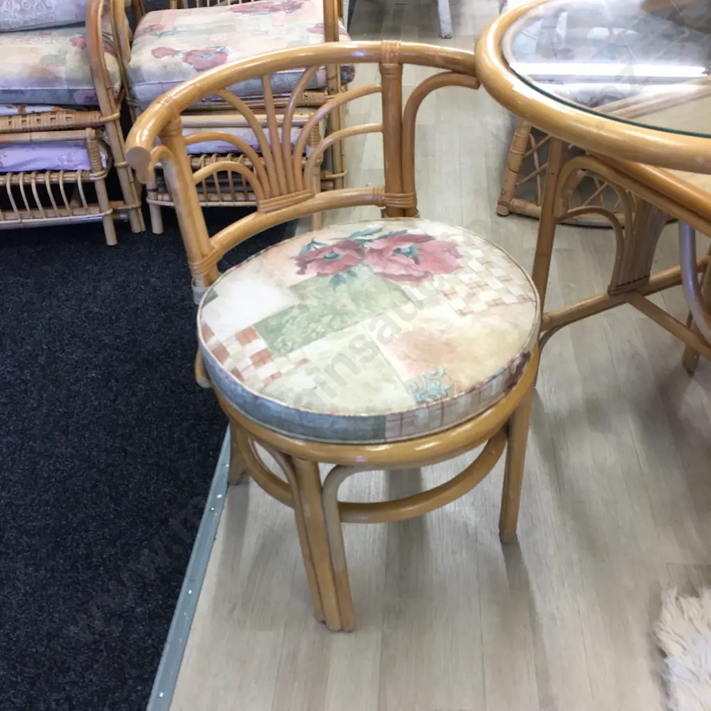 Vintage Rattan & Cane Dinette Set, Oval Glass Top Table With 2 Hideaway Chairs Image 1++