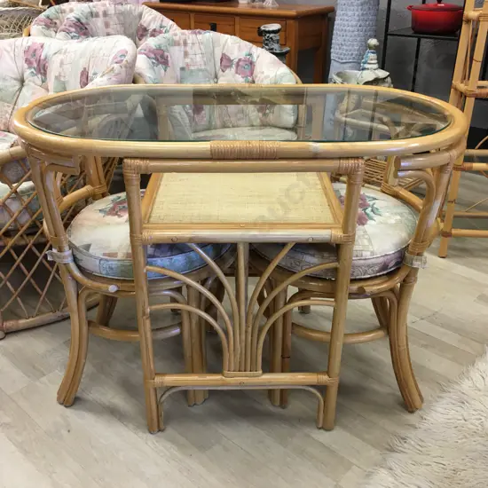 Vintage Rattan & Cane Dinette Set, Oval Glass Top Table With 2 Hideaway Chairs