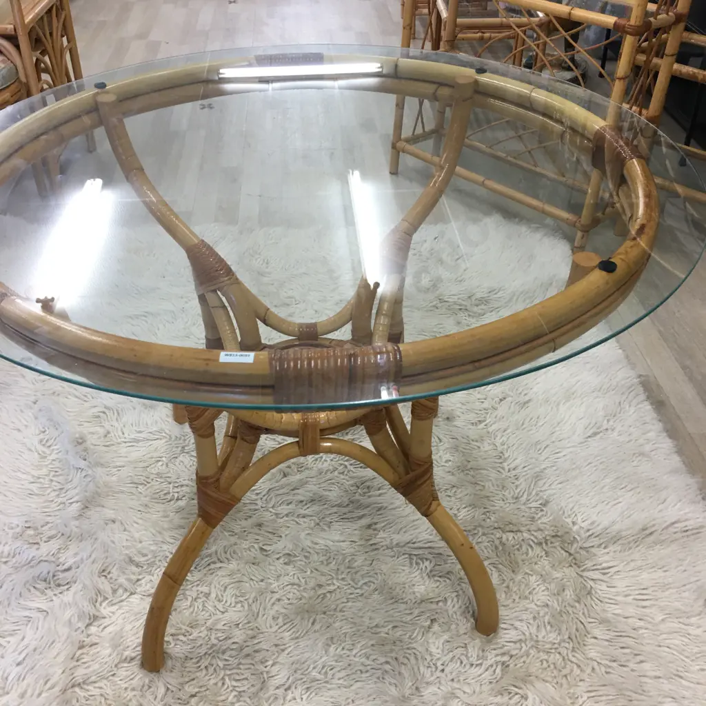 Round Glass Topped Cane Dining Table Image 1++