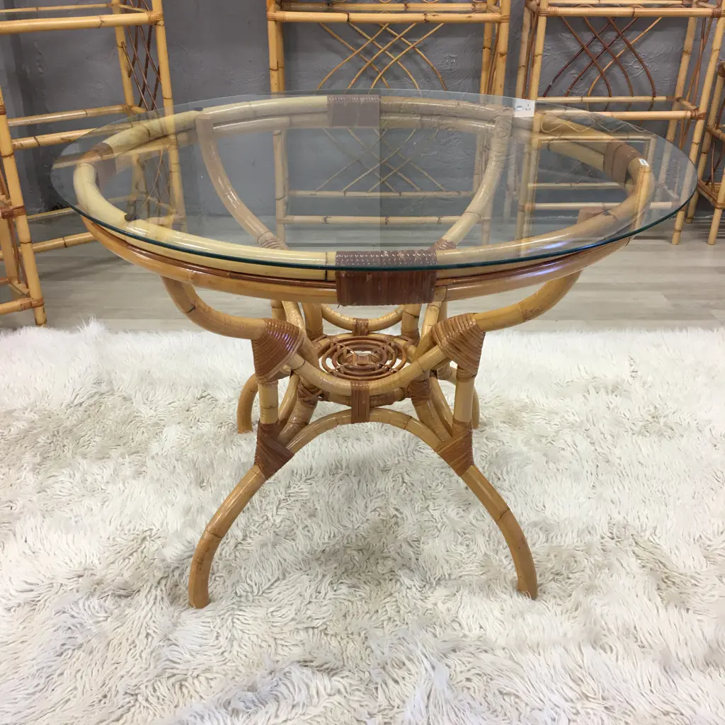 Round Glass Topped Cane Dining Table Image 1++