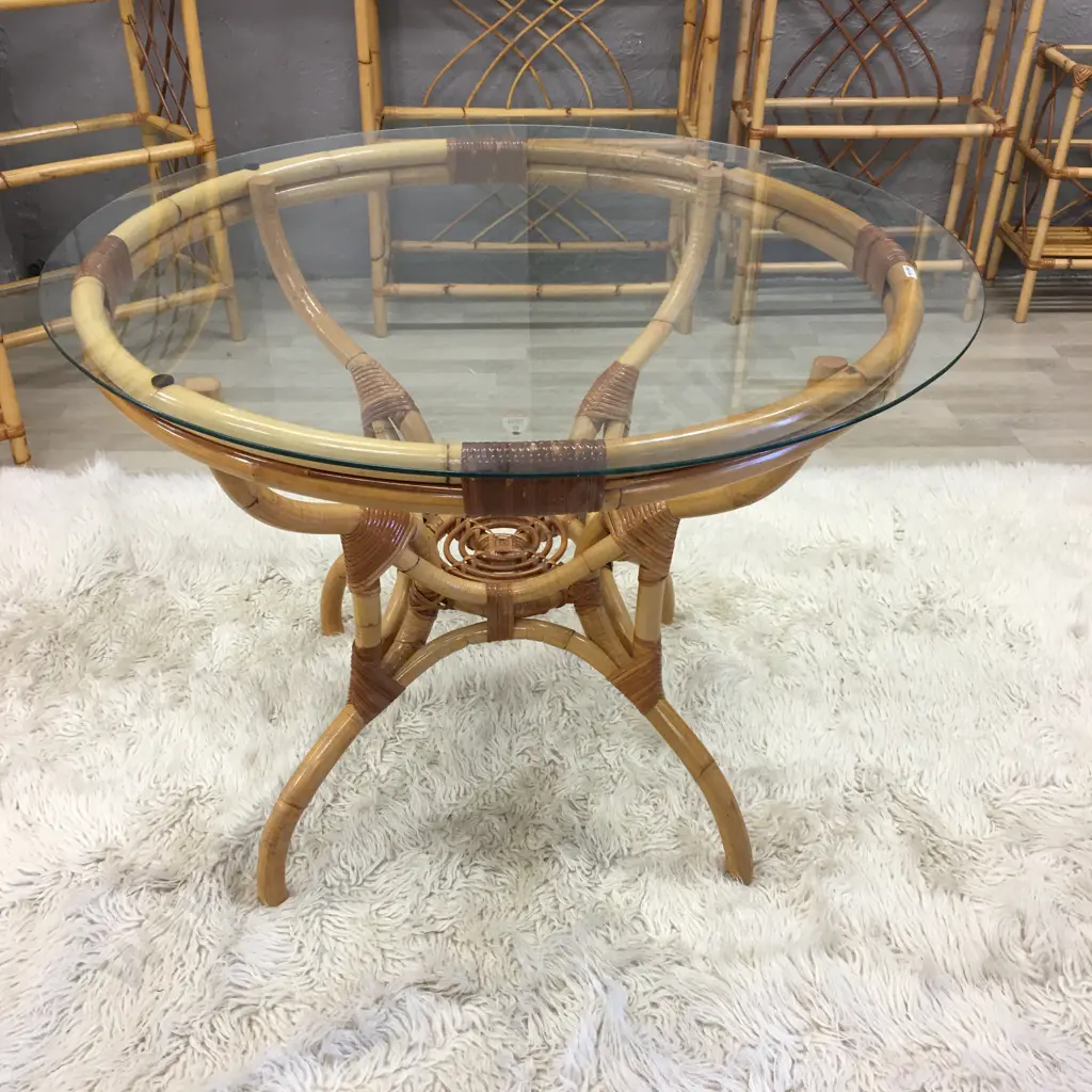 Round Glass Topped Cane Dining Table Image 1++