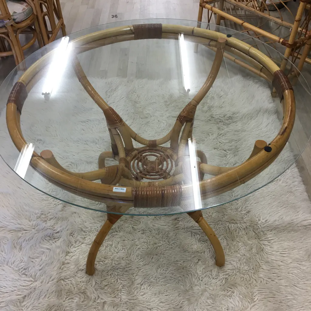 Round Glass Topped Cane Dining Table Image 1++