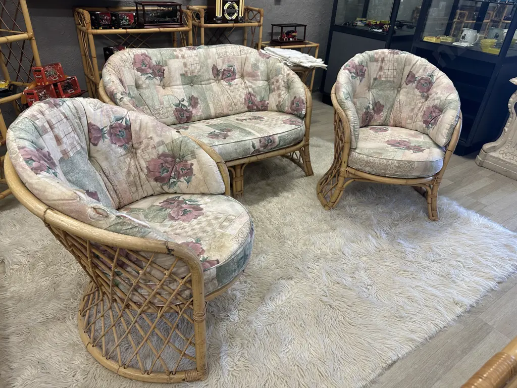 Cane Patio Suite 2 Seater Couch & 2 Single Chairs  (Fabric As Found) Image 1++