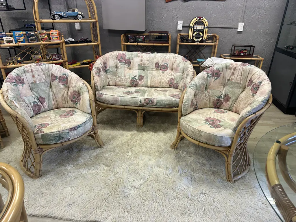 Cane Patio Suite 2 Seater Couch & 2 Single Chairs  (Fabric As Found) Image 1++