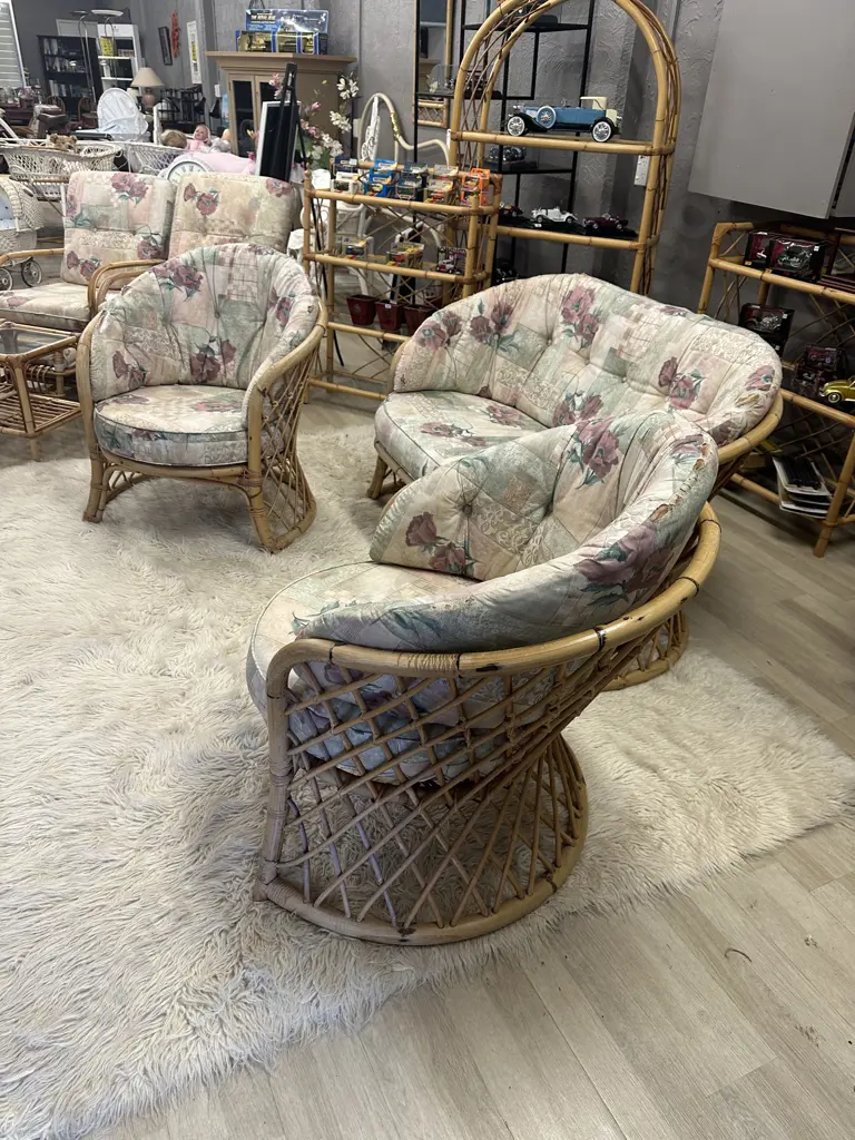 Cane Patio Suite 2 Seater Couch & 2 Single Chairs  (Fabric As Found) Image 1++