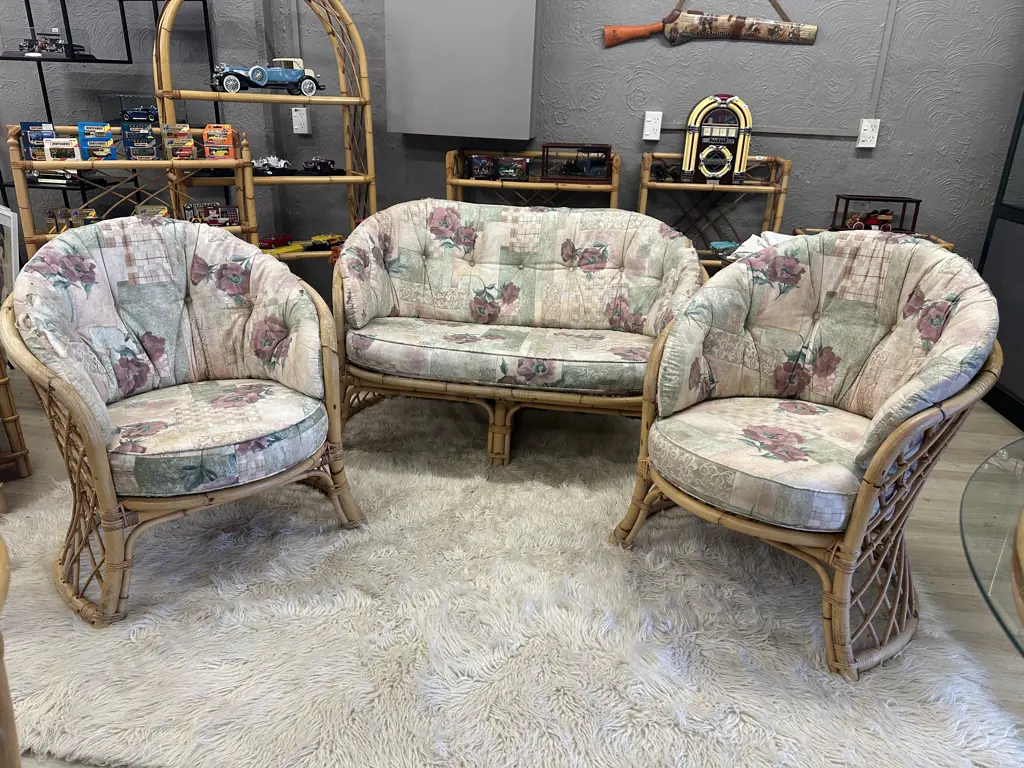 Cane Patio Suite 2 Seater Couch & 2 Single Chairs  (Fabric As Found) Image 1++