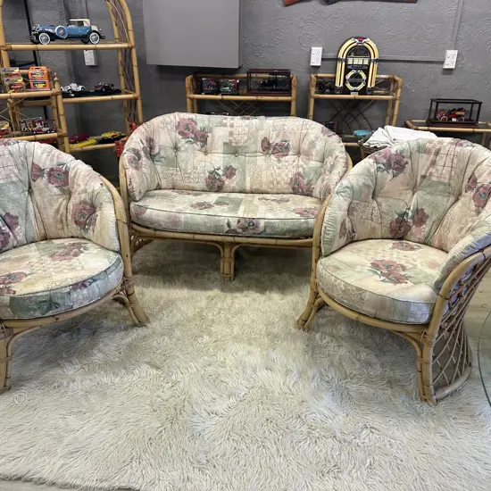 Cane Patio Suite 2 Seater Couch & 2 Single Chairs  (Fabric As Found)