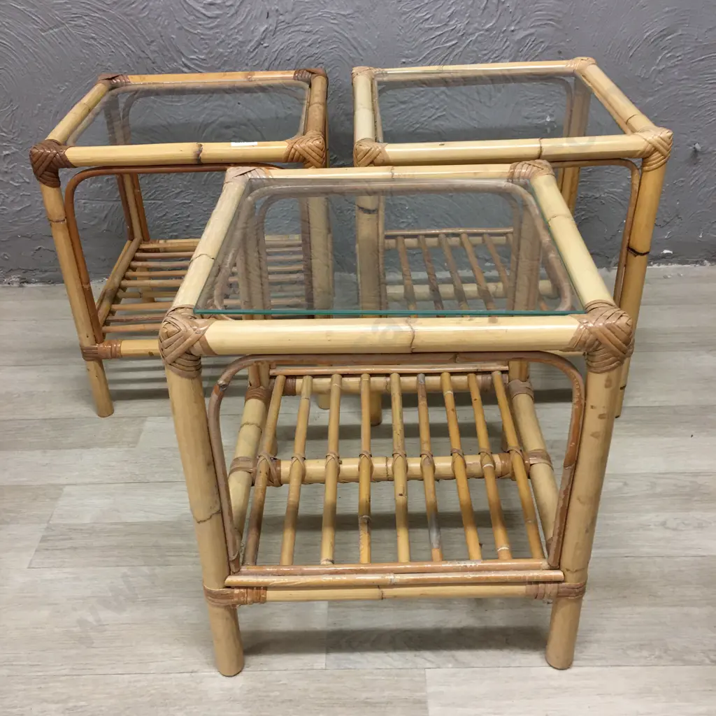 Lot of 3 Cane Square Glass Top Occasional Tables, 40 x 36cm Image 1++