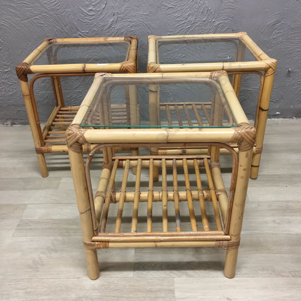 Lot of 3 Cane Square Glass Top Occasional Tables, 40 x 36cm Image 1++