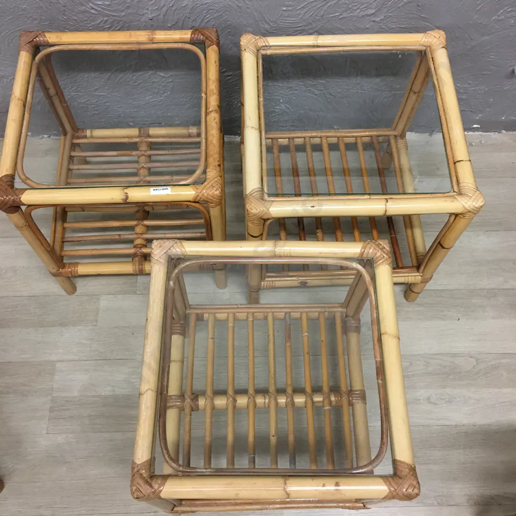Lot of 3 Cane Square Glass Top Occasional Tables, 40 x 36cm Image 1++