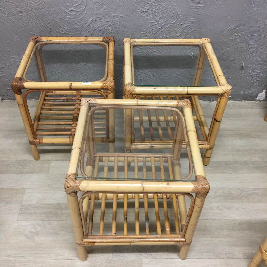 Lot of 3 Cane Square Glass Top Occasional Tables, 40 x 36cm Image 1++