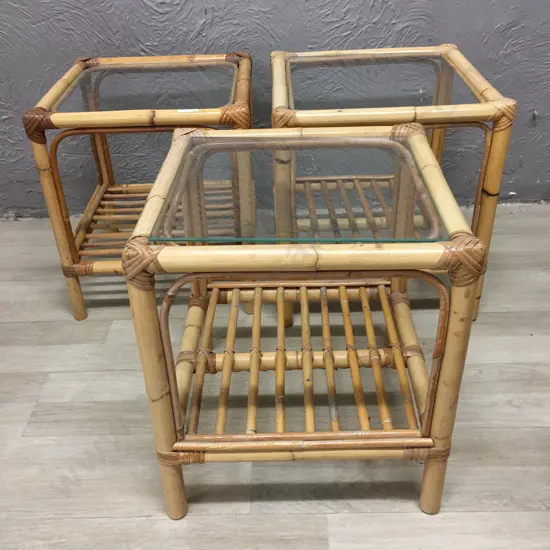 Lot of 3 Cane Square Glass Top Occasional Tables, 40 x 36cm
