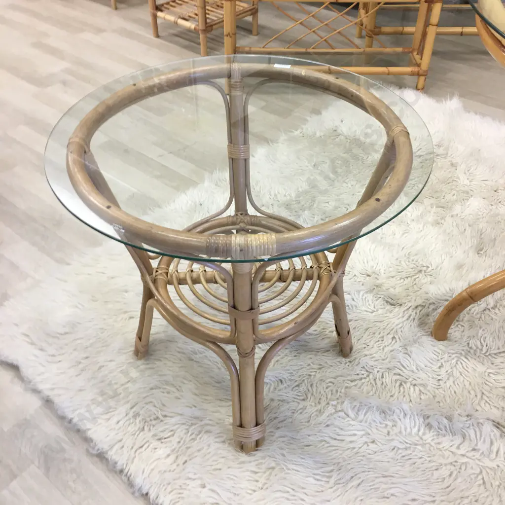 Round Glass Topped Cane Occasional Table Image 1++
