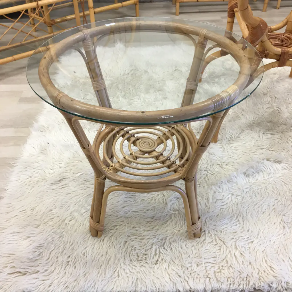 Round Glass Topped Cane Occasional Table Image 1++