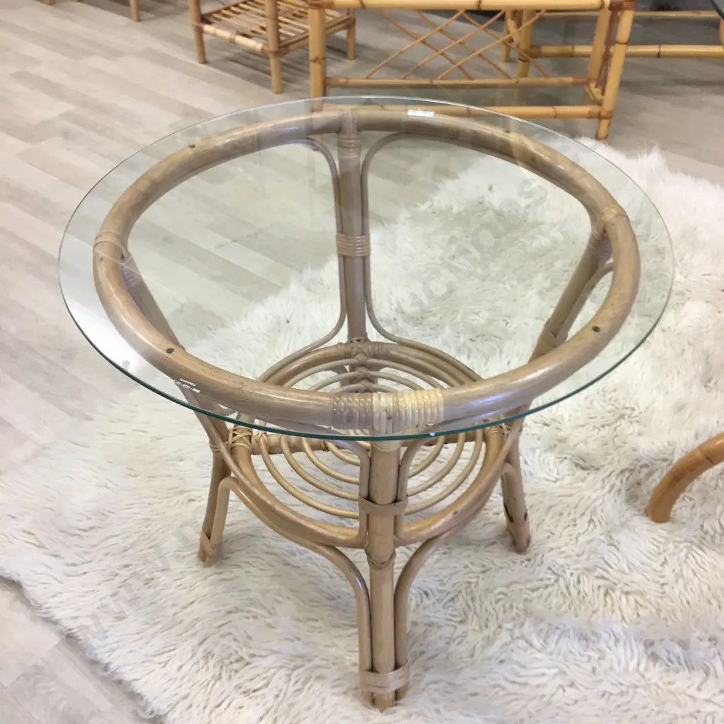 Round Glass Topped Cane Occasional Table Image 1++