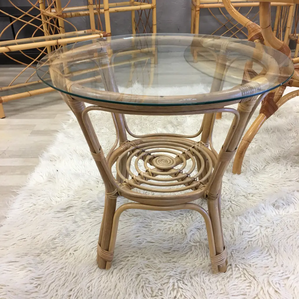 Round Glass Topped Cane Occasional Table Image 1++