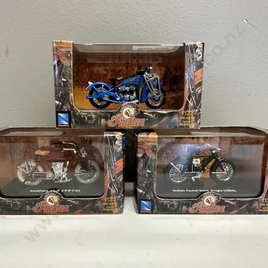 New Ray Indian V-2 (1912), Indian Camel Back Single (1906), Indian Scout-Racer (1929) DieCast 1:32 Motorcycles (NIB)