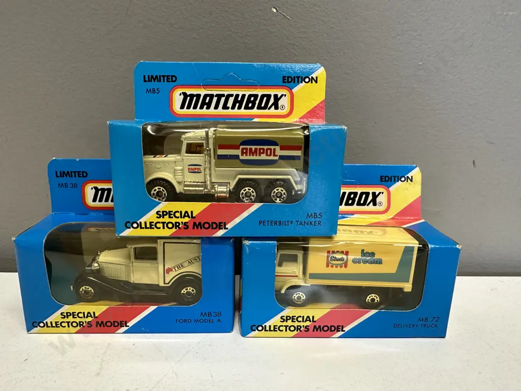 Matchbox MB-38 Ford Model A, MB-72 Delivery Truck, MB-5 Peterbilt Tanker, Special Collectors Model, New In Box Image 1++