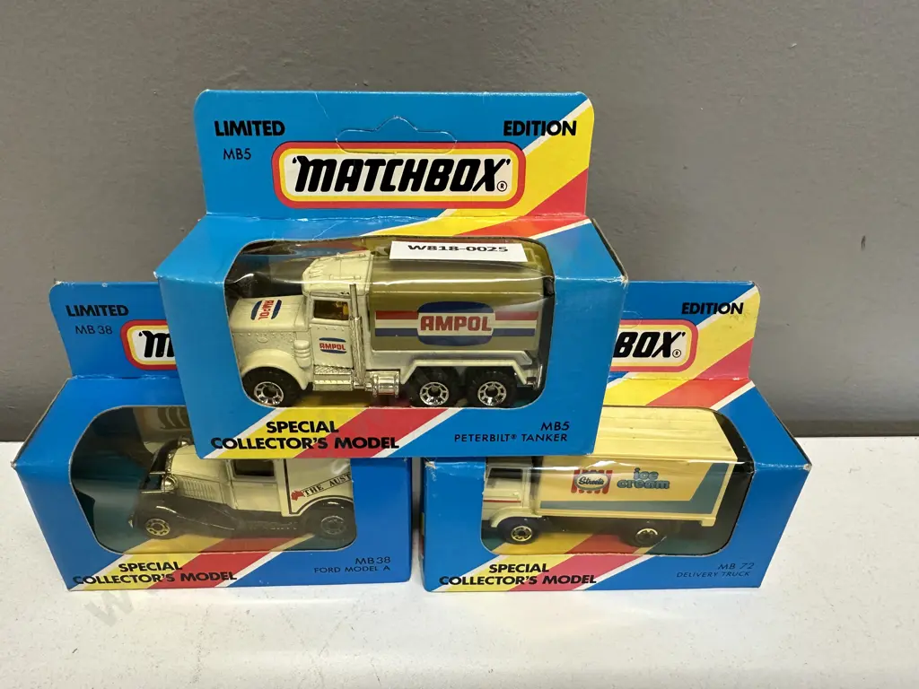 Matchbox MB-38 Ford Model A, MB-72 Delivery Truck, MB-5 Peterbilt Tanker, Special Collectors Model, New In Box Image 1++